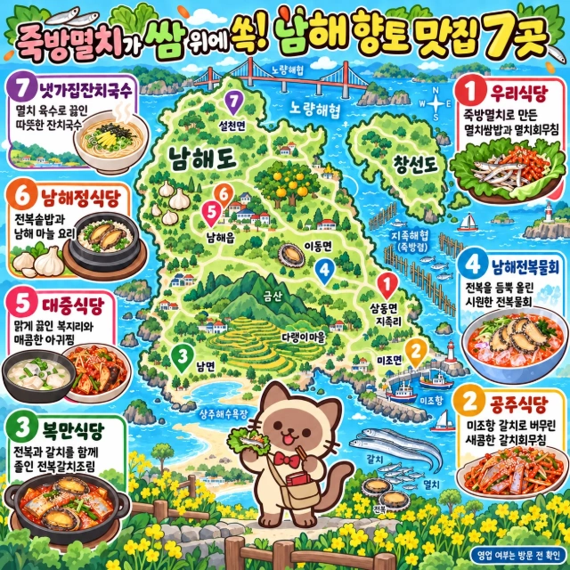 죽방멸치가 쌈 위에 쏙! 남해 향토 맛집 7곳 인포그래픽