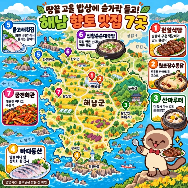 땅끝 고을 밥상에 숟가락 들고! 해남 향토 맛집 7곳 인포그래픽