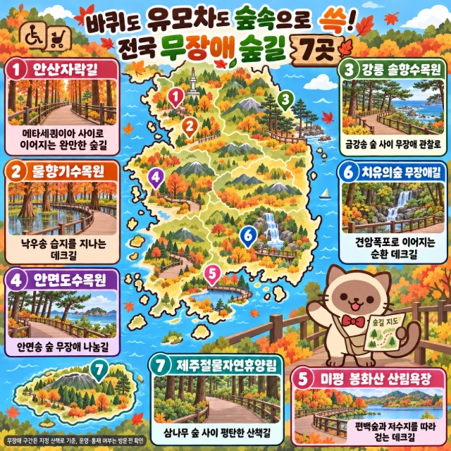 바퀴도 유모차도 숲속으로 쓱! 전국 무장애 숲길 7곳 인포그래픽