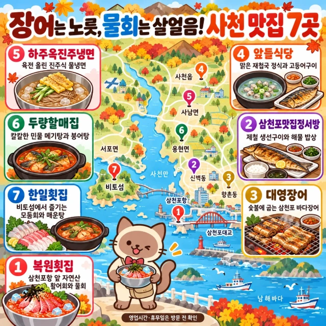 장어는 노릇, 물회는 살얼음! 사천 맛집 7곳 인포그래픽