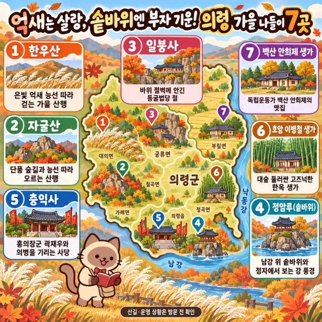 억새는 살랑, 솥바위엔 부자 기운! 의령 가을 나들이 7곳 인포그래픽