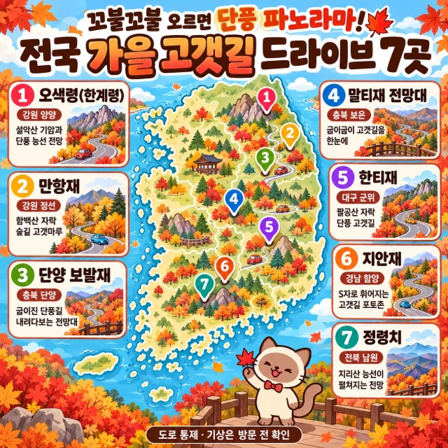꼬불꼬불 오르면 단풍 파노라마! 전국 가을 고갯길 드라이브 7곳 인포그래픽