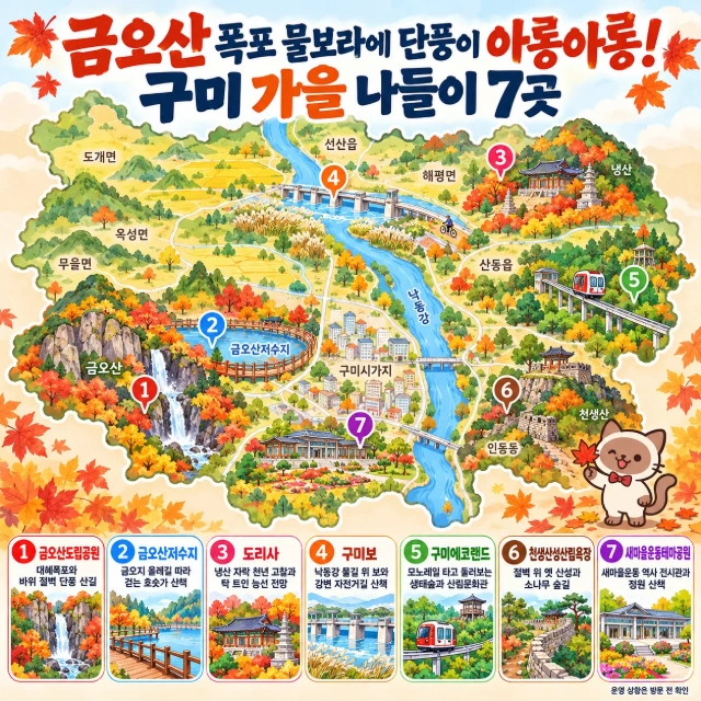 금오산 폭포 물보라에 단풍이 아롱아롱! 구미 가을 나들이 7곳 인포그래픽