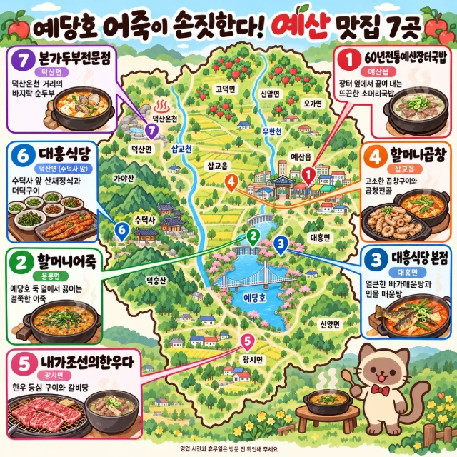 예당호 어죽이 손짓한다! 예산 맛집 7곳 인포그래픽