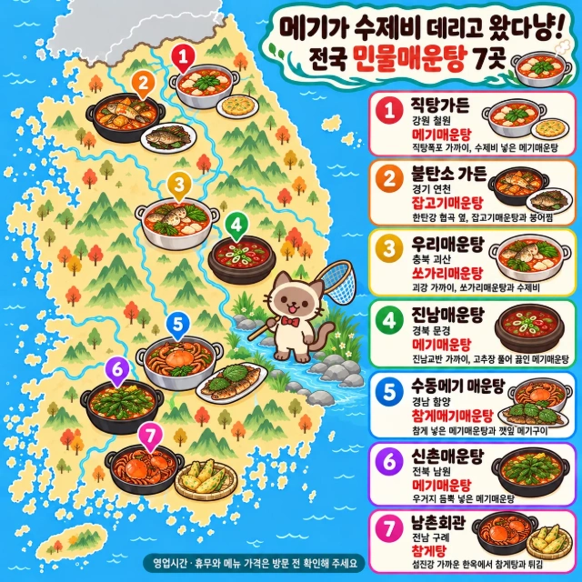 메기가 수제비 데리고 왔다냥! 전국 민물매운탕 7곳 인포그래픽